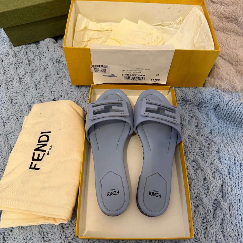 Fendi FF Baguette Baby Blue Leather Sandal Slides. Authentic! - Picture 5 of 12
